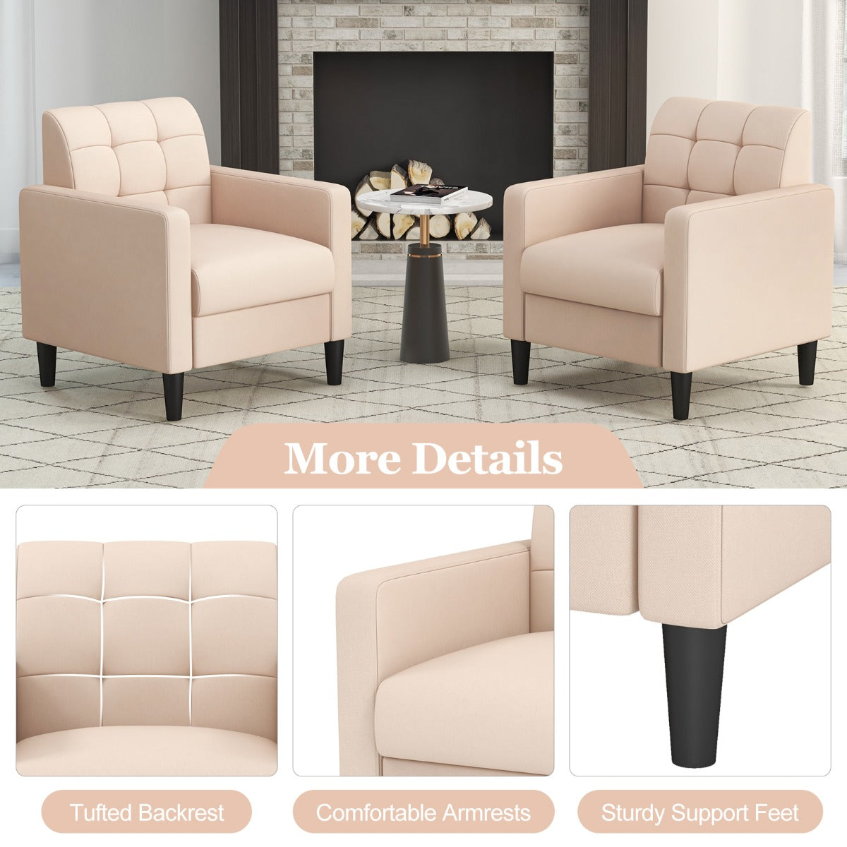 LIVSK Fluwelen Fauteuil - Mid-Century Design - Getufte Rugleuning - Comfortabele Armleuningen - 69 x 68 x 79,5 cm - Beige