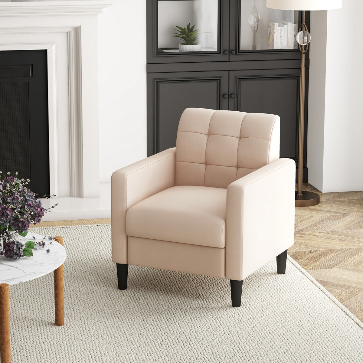 LIVSK Fluwelen Fauteuil - Mid-Century Design - Getufte Rugleuning - Comfortabele Armleuningen - 69 x 68 x 79,5 cm - Beige