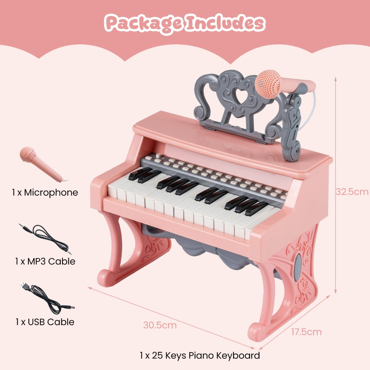 Livsk costway mini keyboard voor kinderen 25 toetsen kinderpiano elektronische piano met muziekstandaard en microfoon 2