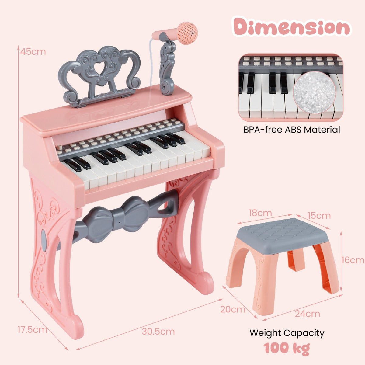 Livsk costway mini keyboardpiano voor kinderen elektronische piano met 25 toetsen kruk muziekstandaard en microfoon 1 1
