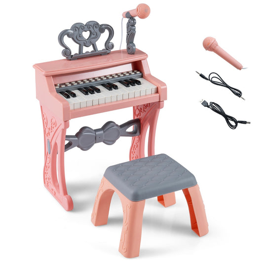 Livsk costway mini keyboardpiano voor kinderen elektronische piano met 25 toetsen kruk muziekstandaard en microfoon