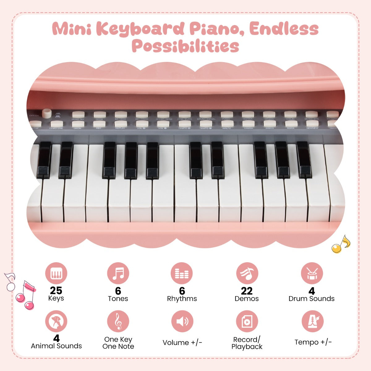Livsk costway mini keyboardpiano voor kinderen elektronische piano met 25 toetsen kruk muziekstandaard en microfoon 2
