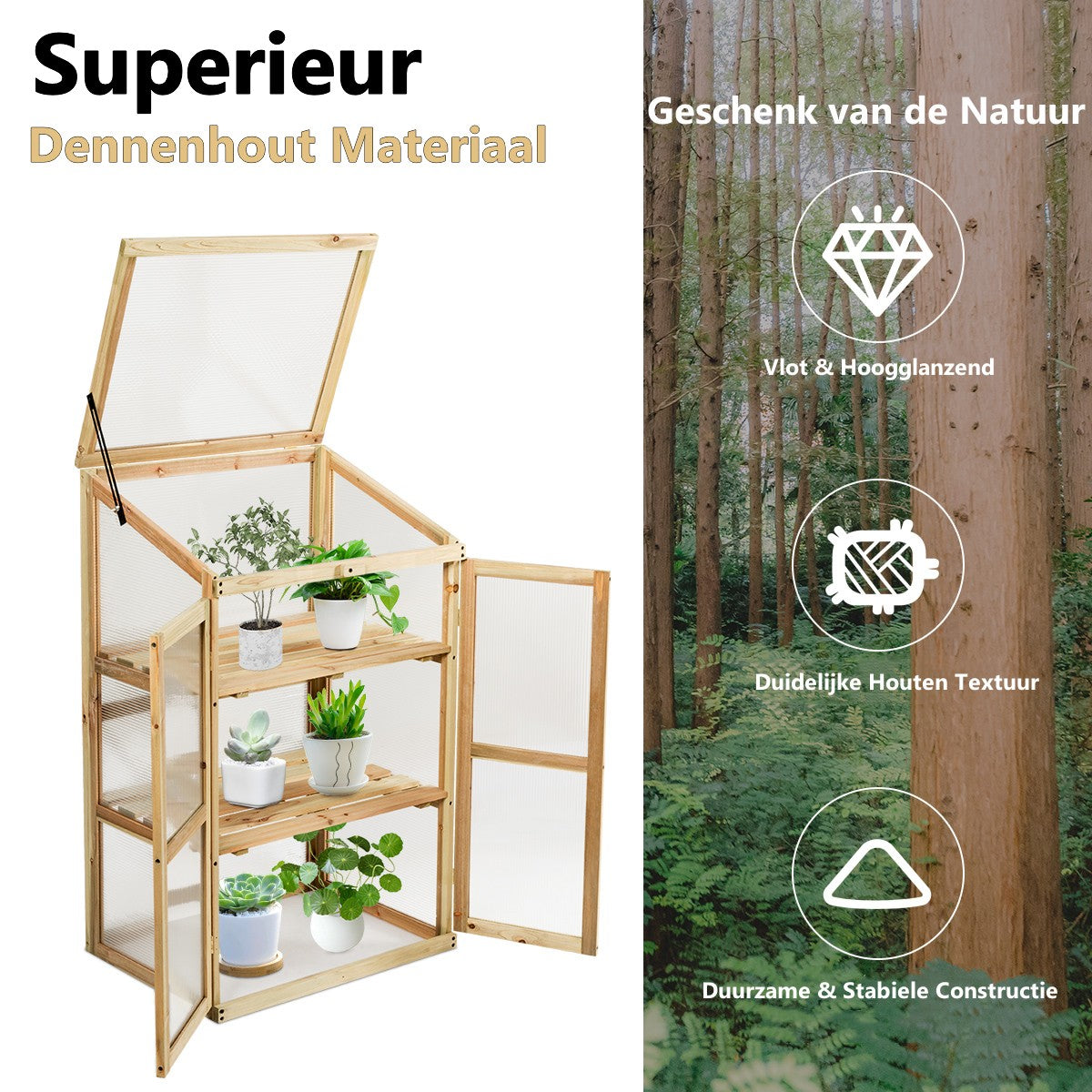 LIVSK Houten Serre - Geselecteerd Dennenhout met Polycarbonaat - Optimale Ventilatie met 2 Deuren - 60 x 45 x 100 cm - Zoals op