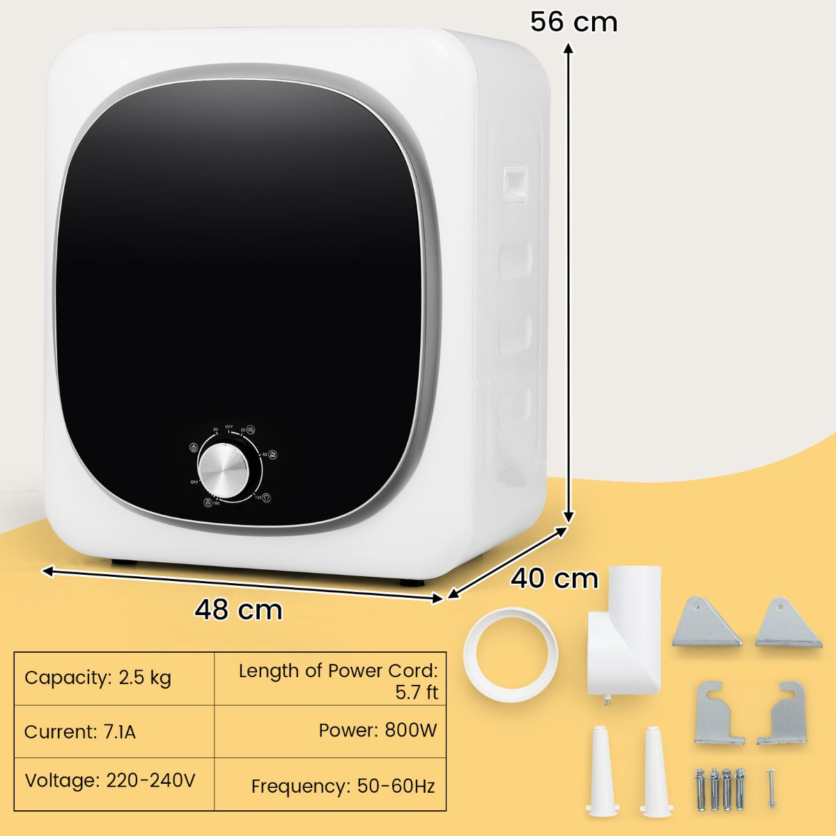 LIVSK Draagbare Wasdroger - 800 W - 5 Droogmodi - Roestvrijstalen Trommel - Voor 5 kg Wasgoed - Compact en Flexibel - Wit