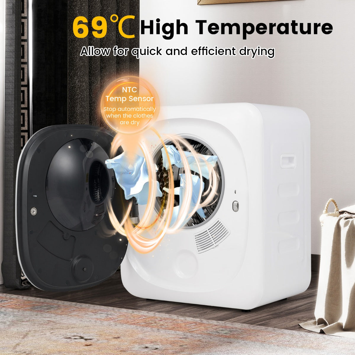 LIVSK Draagbare Wasdroger - 800 W - 5 Droogmodi - Roestvrijstalen Trommel - Voor 5 kg Wasgoed - Compact en Flexibel - Wit
