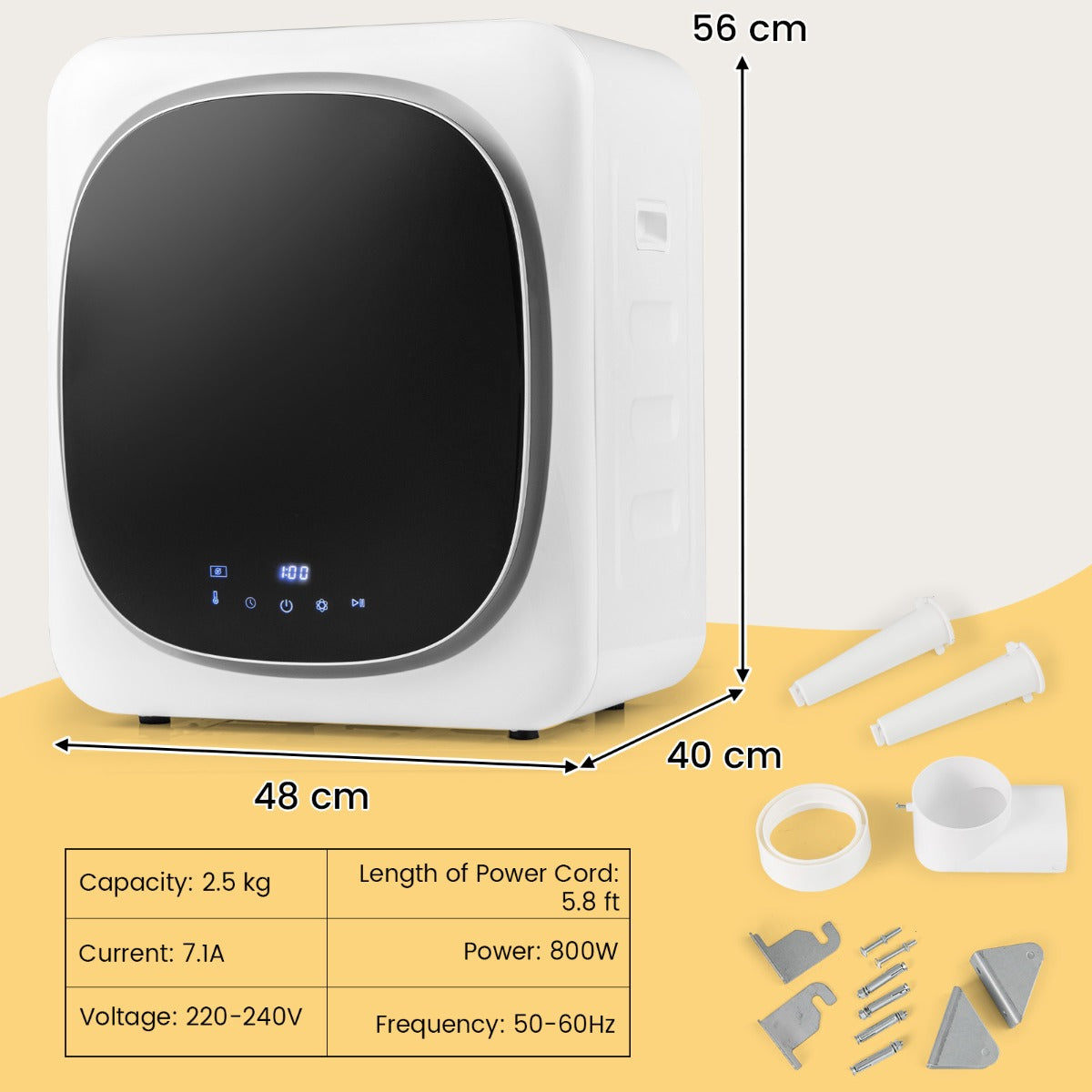 LIVSK Draagbare Wasdroger - 800 W - 5 kg Capaciteit - Flexibele Installatie - Automatische Programma's - Wit