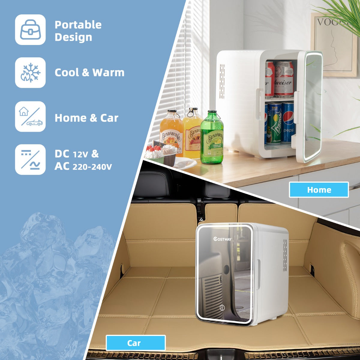 LIVSK Draagbare Mini-Koelkast - Spiegeldesign met LED - 10L Capaciteit - Koel- en Warmtemodus - Ultra Stil - Wit