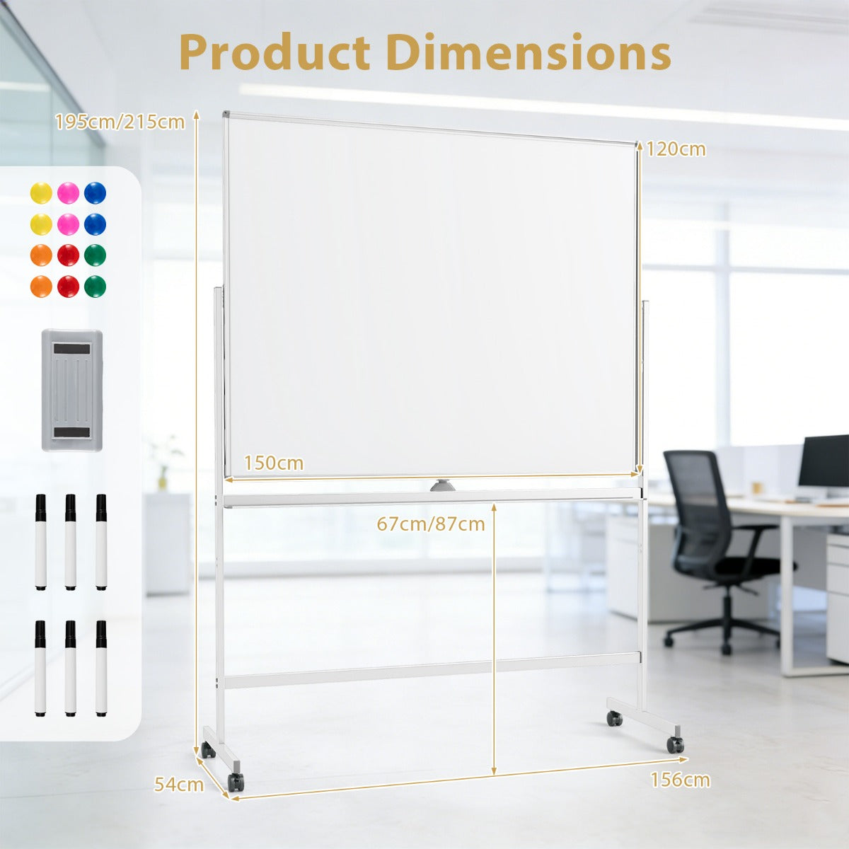 Livsk costway mobiel whiteboard dubbelzijdig magnetisch bord met standaard 2 verstelbare hoogtes en vergrendelbare wieltjes 2