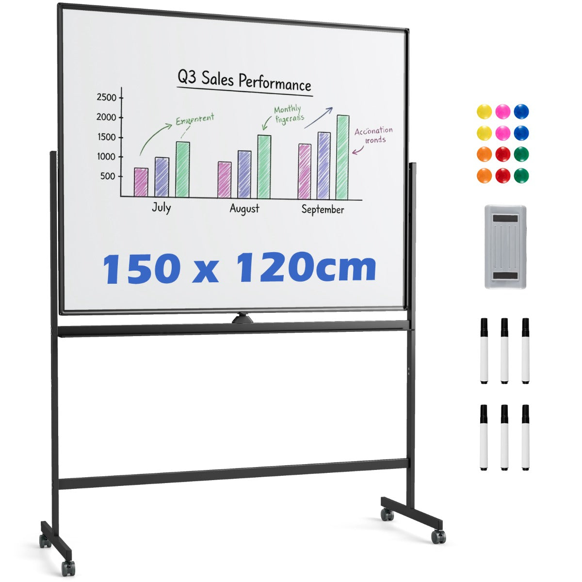 Livsk costway mobiel whiteboard dubbelzijdig magnetisch bord met standaard 2 verstelbare hoogtes en vergrendelbare wieltjes zwart