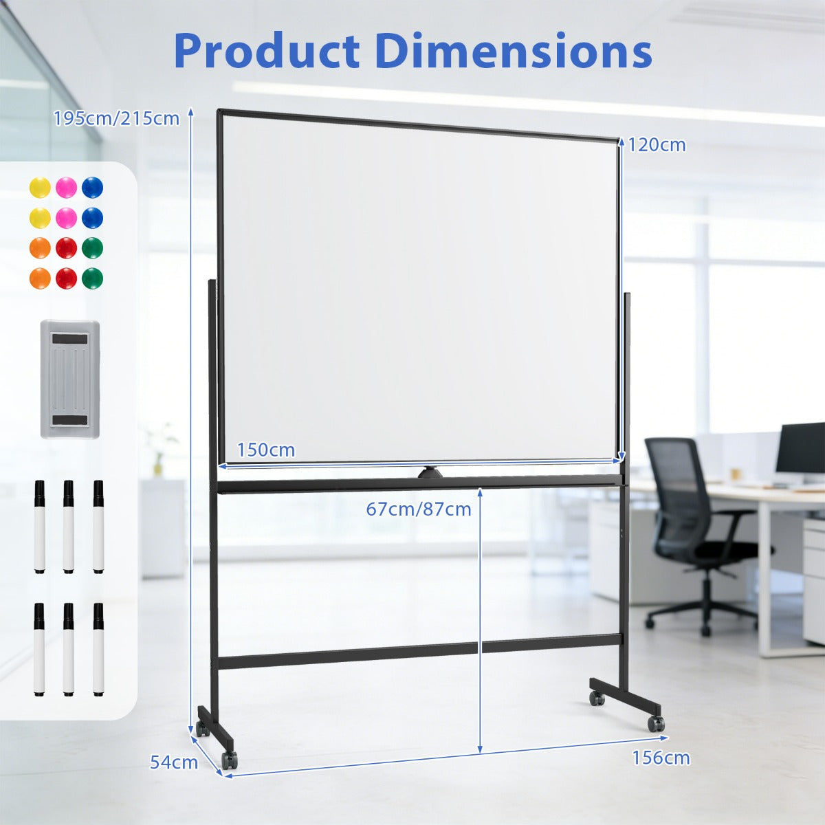 Livsk costway mobiel whiteboard dubbelzijdig magnetisch bord met standaard 2 verstelbare hoogtes en vergrendelbare wieltjes zwart