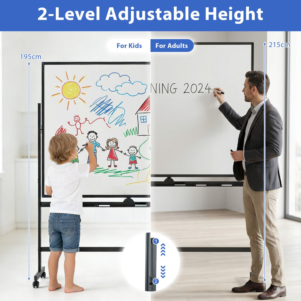 Livsk costway mobiel whiteboard dubbelzijdig magnetisch bord met standaard 2 verstelbare hoogtes en vergrendelbare wieltjes zwart