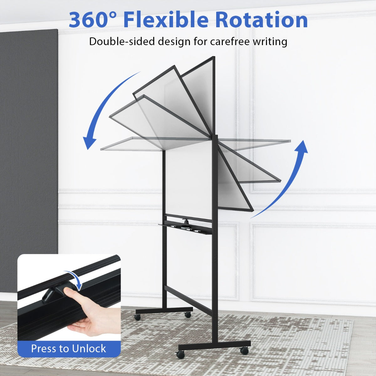 Livsk costway mobiel whiteboard dubbelzijdig magnetisch bord met standaard 2 verstelbare hoogtes en vergrendelbare wieltjes zwart
