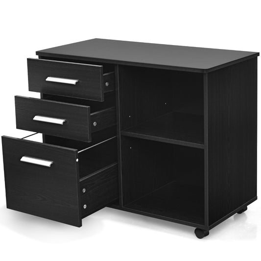 LIVSK Mobiele Archiefkast - 3 Laden - Printerstandaard - 5 Zwenkwielen - Hoogwaardig MDF - 81 x 41 x 66 cm - Zwart