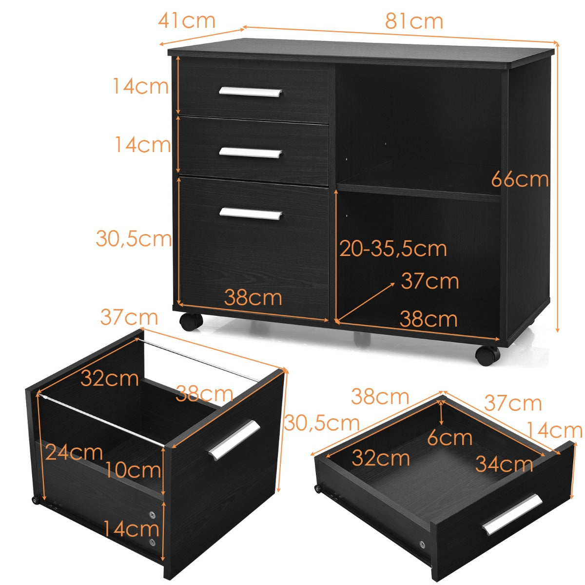 LIVSK Mobiele Archiefkast - 3 Laden - Printerstandaard - 5 Zwenkwielen - Hoogwaardig MDF - 81 x 41 x 66 cm - Zwart