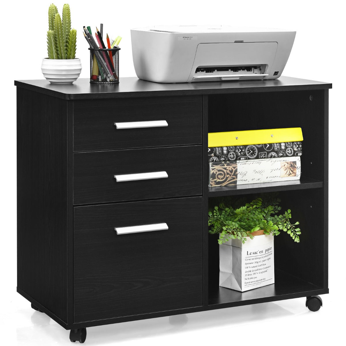 LIVSK Mobiele Archiefkast - 3 Laden - Printerstandaard - 5 Zwenkwielen - Hoogwaardig MDF - 81 x 41 x 66 cm - Zwart