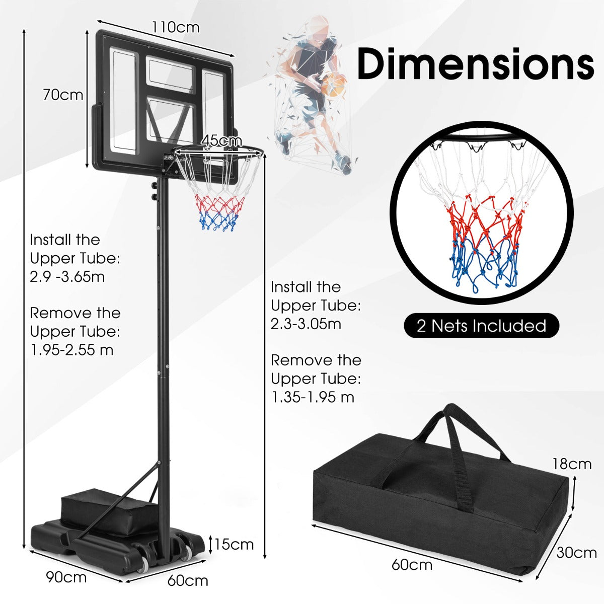 LIVSK Draagbare Basketbalring - 11 Hoogte-instellingen tot 3,05 m - 110 cm Achterwand - Vulbare Basis met Loodzak - Weerbestendig