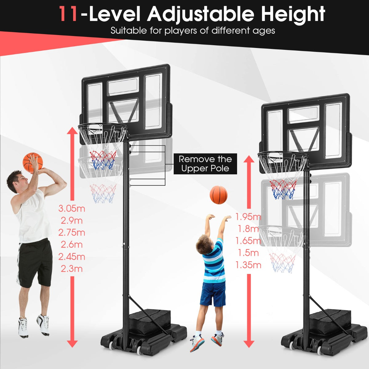 LIVSK Draagbare Basketbalring - 11 Hoogte-instellingen tot 3,05 m - 110 cm Achterwand - Vulbare Basis met Loodzak - Weerbestendig