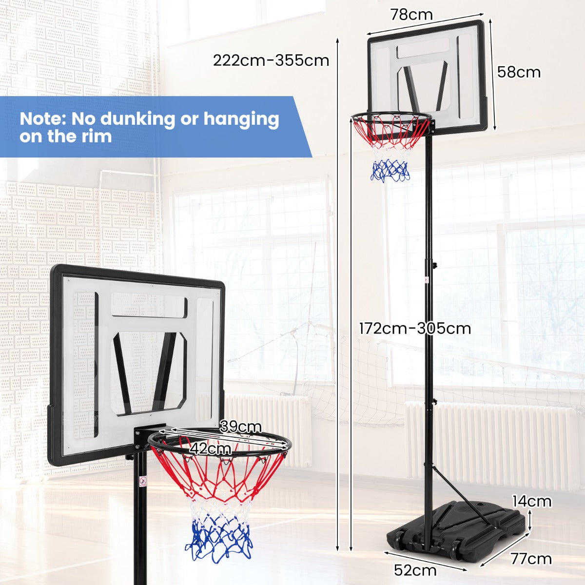 LIVSK Verstelbare Basketbalstandaard - Weerbestendig - Stabiele 32-liter Basis - 8 Hoogteposities - Mobiel Ontwerp - Zwart