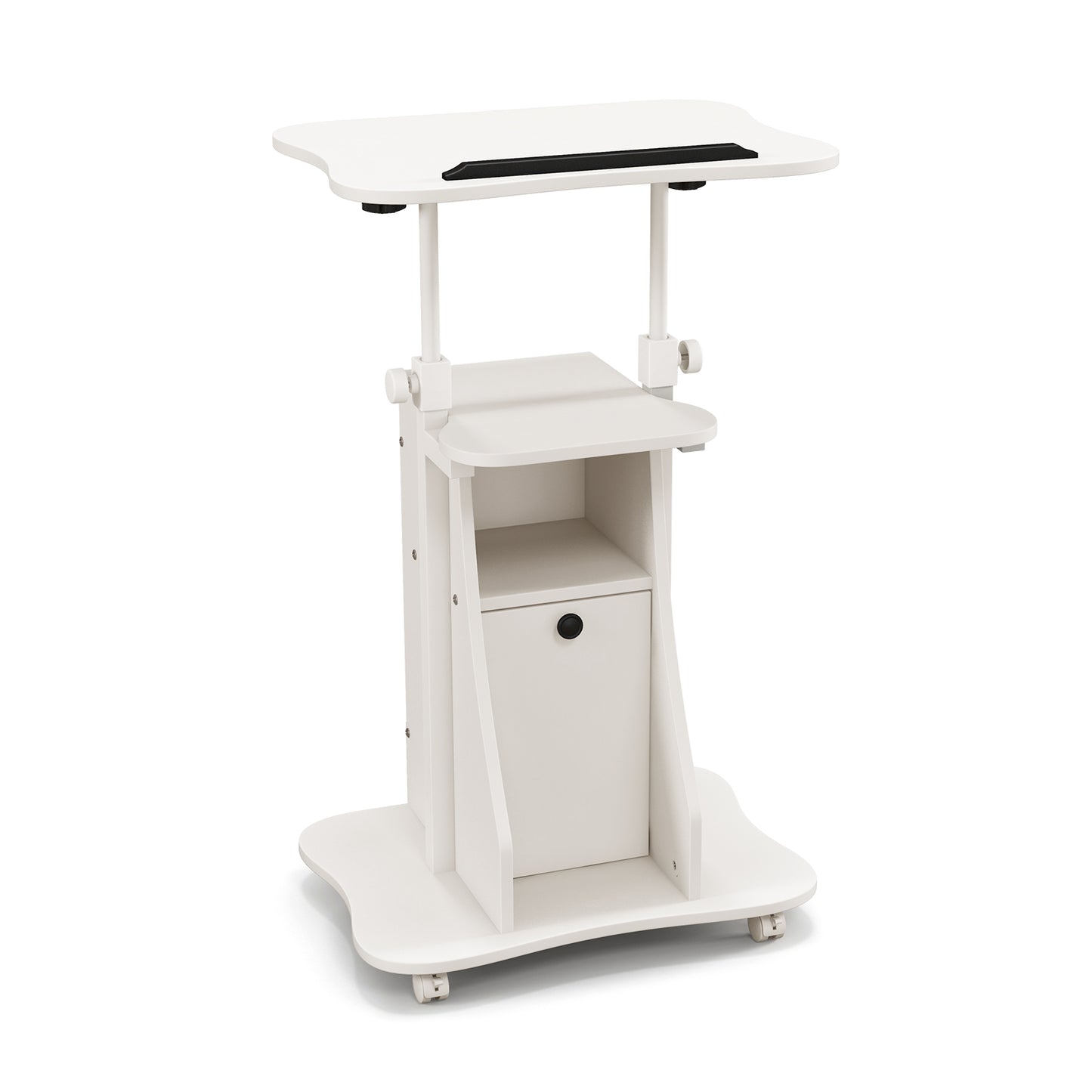 LIVSK Zit-Sta Bureau - Ergonomisch Verstelbaar - Draaibaar Tafelblad - Open Plank en Opbergkast - Mobiel met Wielen - Wit