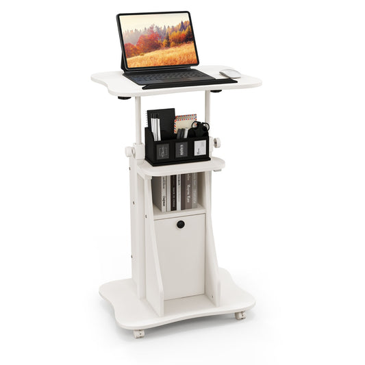 LIVSK Zit-Sta Bureau - Ergonomisch Verstelbaar - Draaibaar Tafelblad - Open Plank en Opbergkast - Mobiel met Wielen - Wit