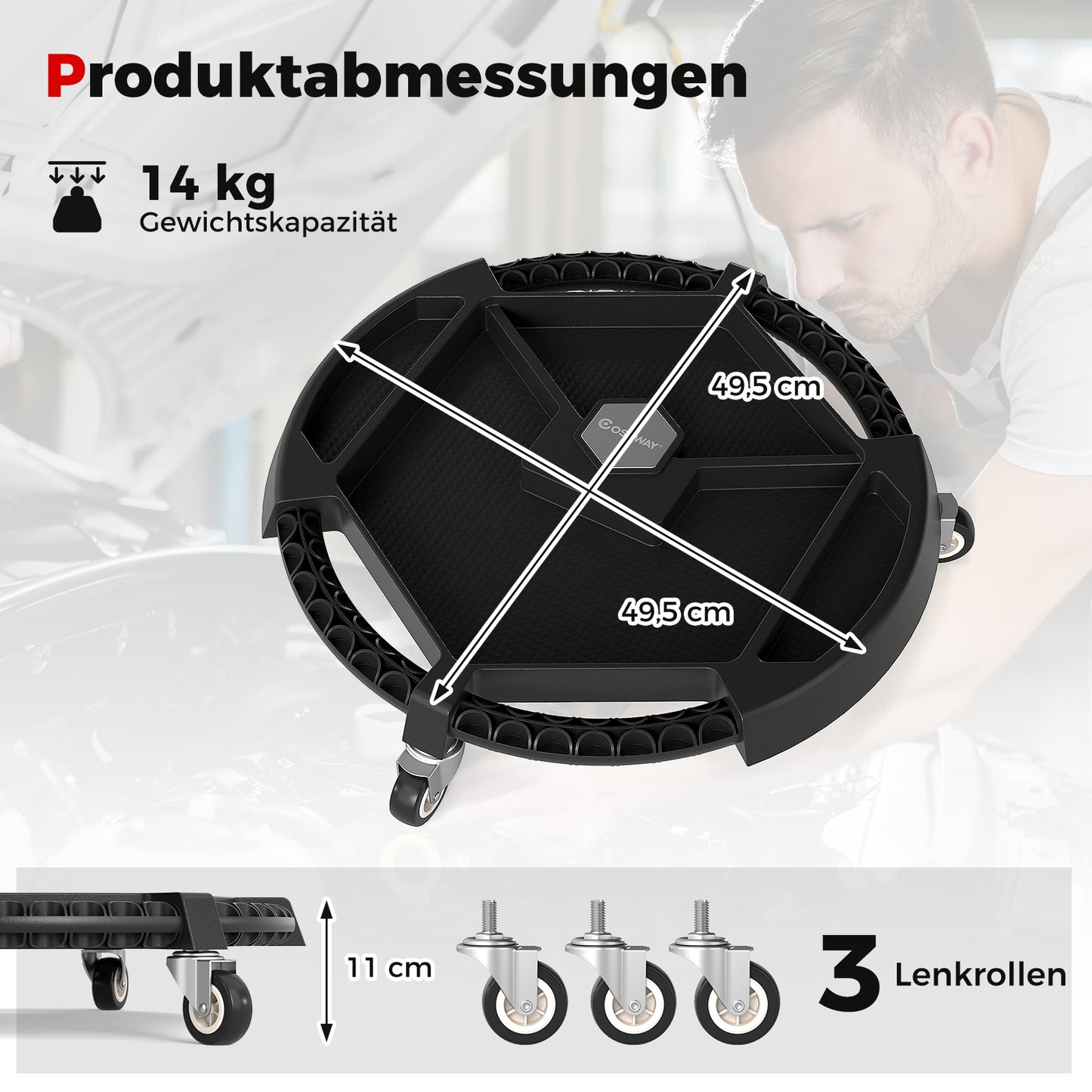 LIVSK rollende gereedschaps-Creeper - 4 vakken - 3 draaibare wielen - 13,6 kg draagvermogen - 1,8 kg - Zwart