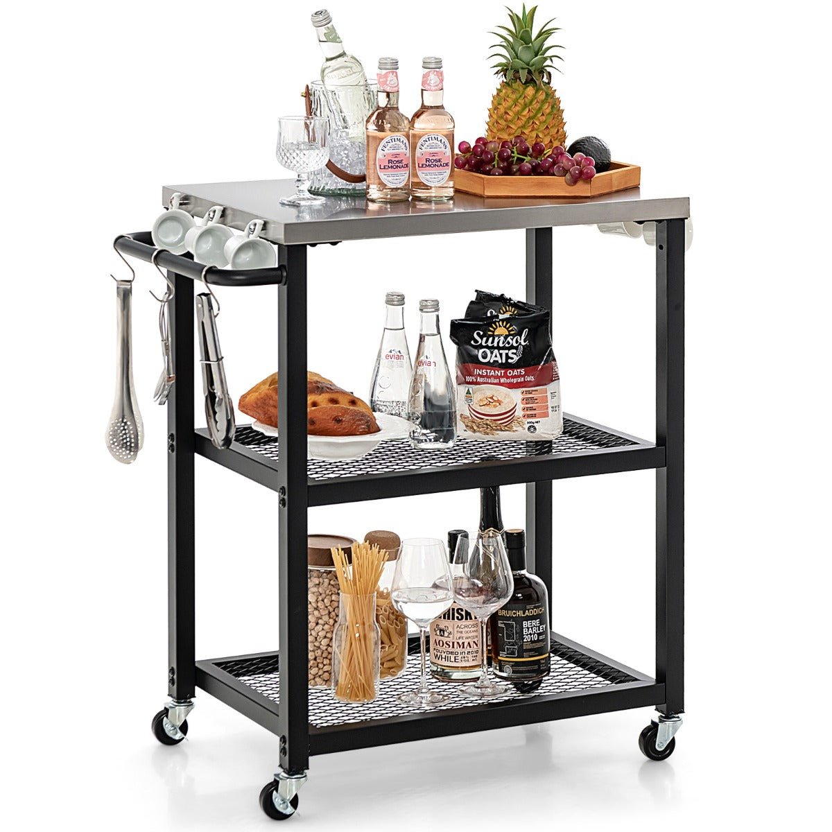 LIVSK Serveertrolley voor Buiten - Roestvrijstalen Blad - 2 Planken - 6 Haken - Vergrendelbare Wielen - 72,5 x 41 x 80 cm - Zwart
