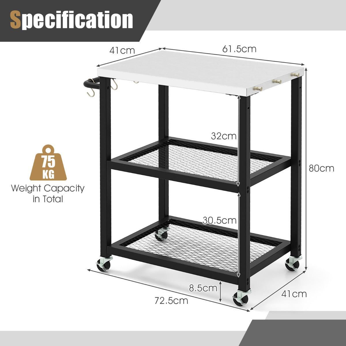 LIVSK Serveertrolley voor Buiten - Roestvrijstalen Blad - 2 Planken - 6 Haken - Vergrendelbare Wielen - 72,5 x 41 x 80 cm - Zwart