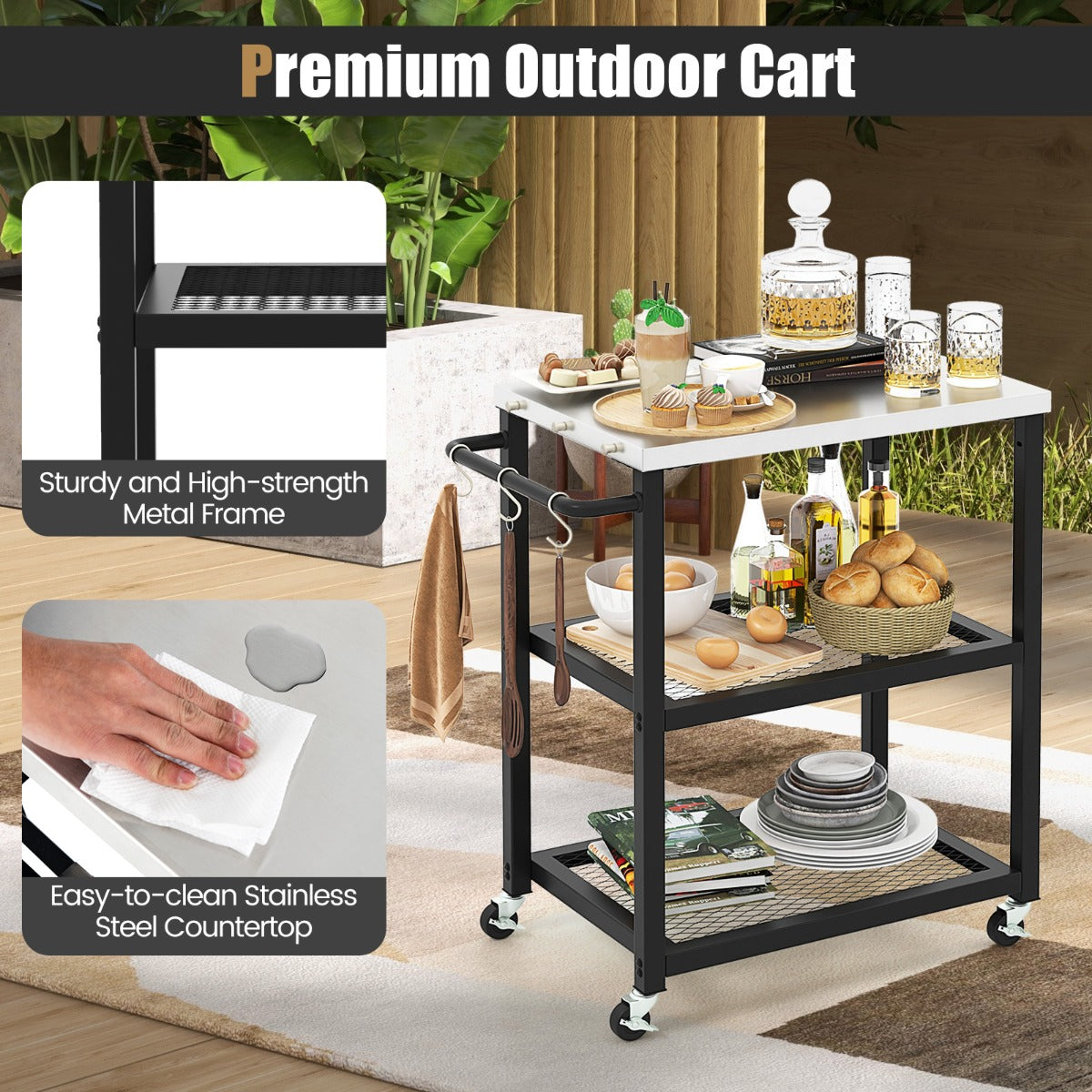 LIVSK Serveertrolley voor Buiten - Roestvrijstalen Blad - 2 Planken - 6 Haken - Vergrendelbare Wielen - 72,5 x 41 x 80 cm - Zwart