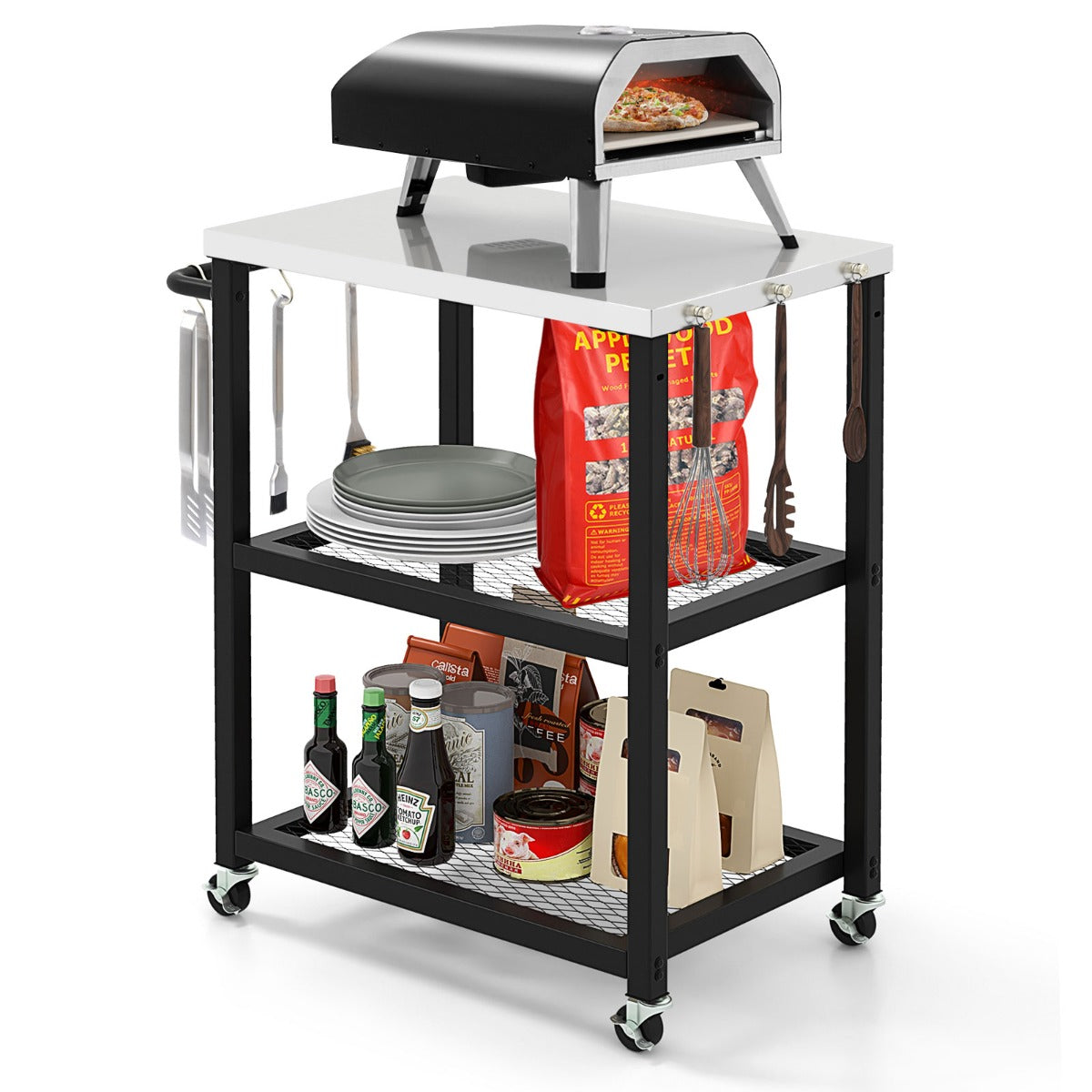 LIVSK Serveertrolley voor Buiten - Roestvrijstalen Blad - 2 Planken - 6 Haken - Vergrendelbare Wielen - 72,5 x 41 x 80 cm - Zwart