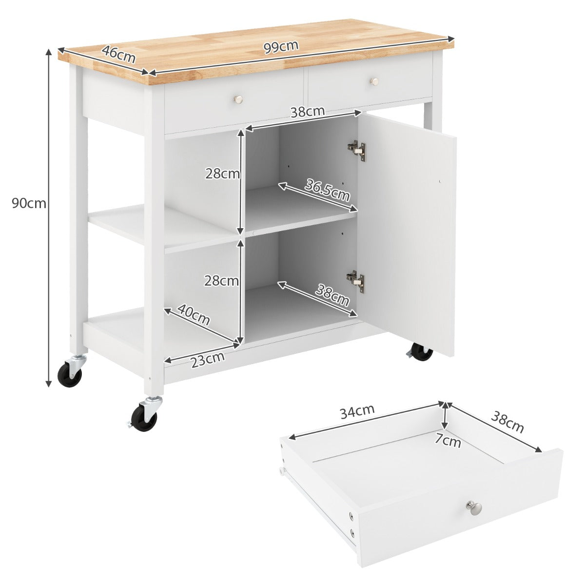 LIVSK Keukentrolley - 4 Open Planken - 2 Uittrekbare Lades - Verstelbare Plank - 4 Wielen - Wit