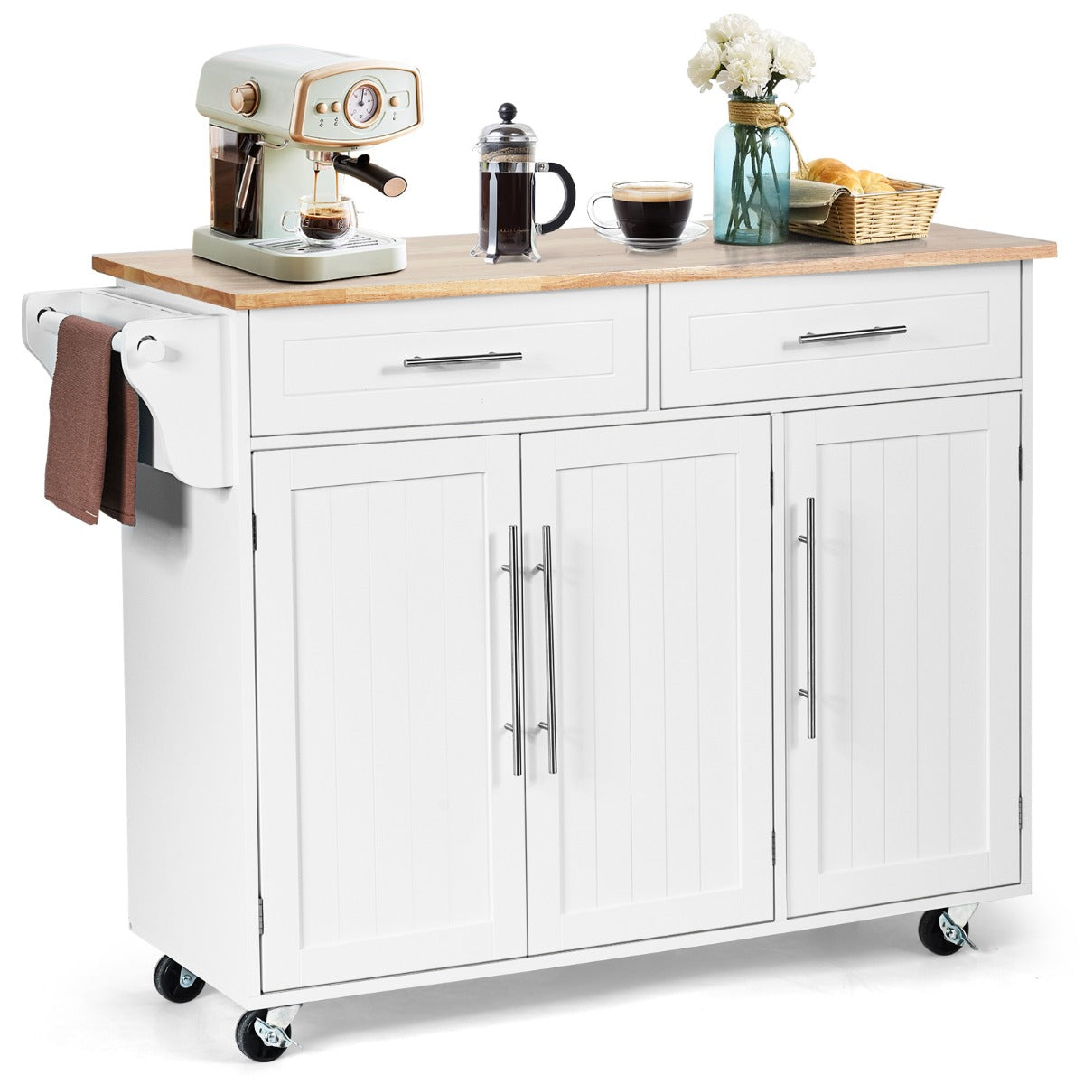LIVSK Keukentrolley - Verstelbare Planken - 2 Lades en 2 Kasten - Duurzaam Rubberhout & MDF - Werkblad 112 x 46 cm - Wit