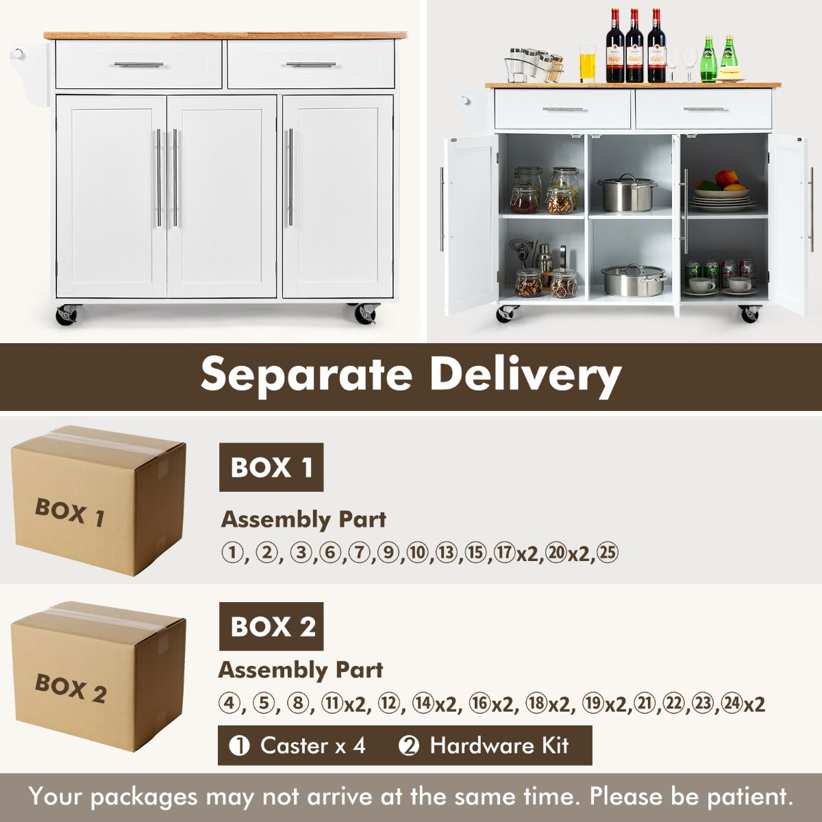 LIVSK Keukentrolley - Verstelbare Planken - 2 Lades en 2 Kasten - Duurzaam Rubberhout & MDF - Werkblad 112 x 46 cm - Wit