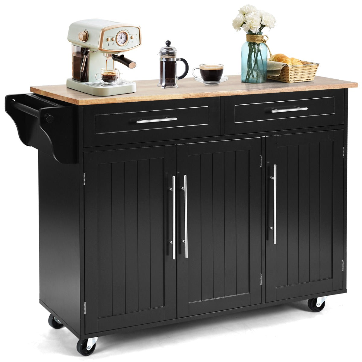 LIVSK Keukentrolley - Ruime Opbergruimte met 2 Lades en Verstelbare Planken - Robuust MDF en Rubberhout - 121 x 46 x 93 cm - Zwart