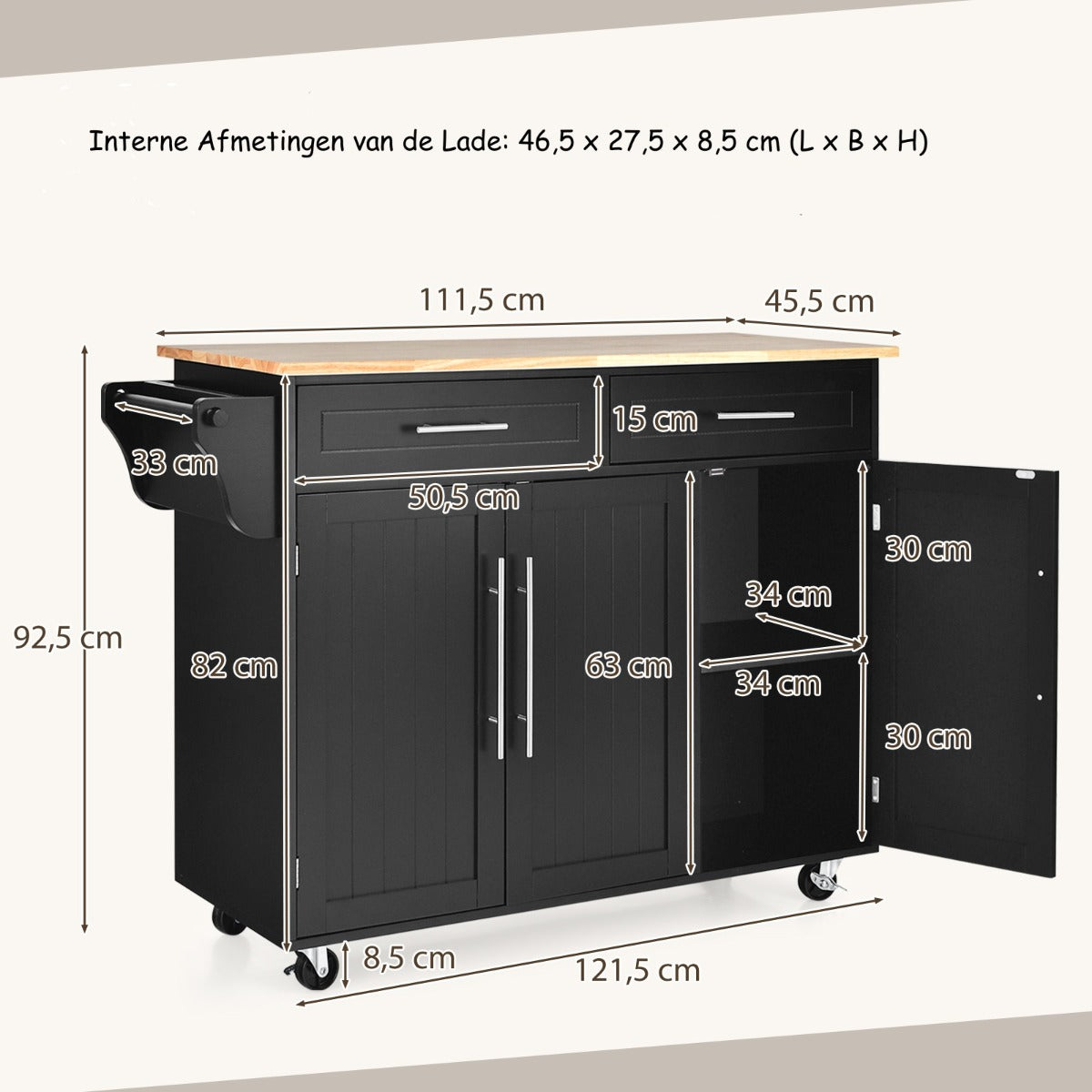 LIVSK Keukentrolley - Ruime Opbergruimte met 2 Lades en Verstelbare Planken - Robuust MDF en Rubberhout - 121 x 46 x 93 cm - Zwart