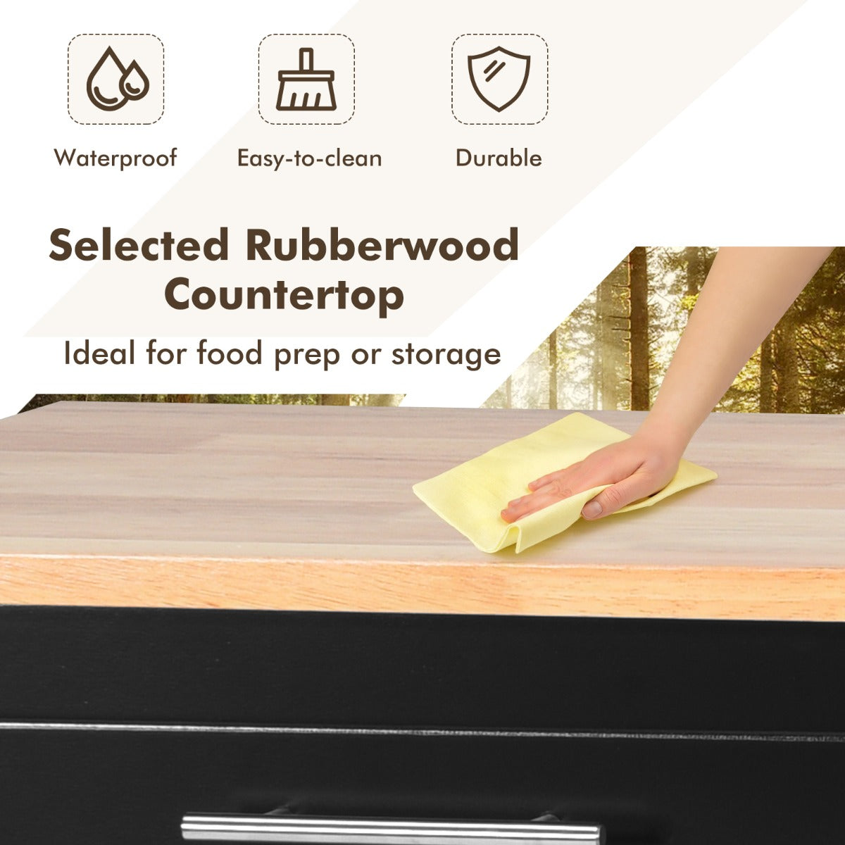 LIVSK Keukentrolley - Ruime Opbergruimte met 2 Lades en Verstelbare Planken - Robuust MDF en Rubberhout - 121 x 46 x 93 cm - Zwart