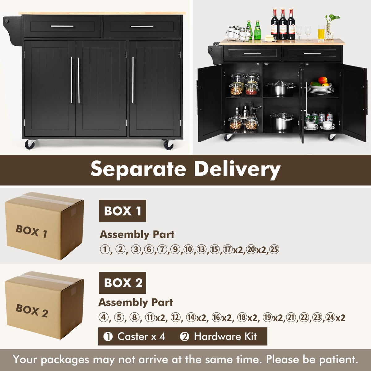 LIVSK Keukentrolley - Ruime Opbergruimte met 2 Lades en Verstelbare Planken - Robuust MDF en Rubberhout - 121 x 46 x 93 cm - Zwart