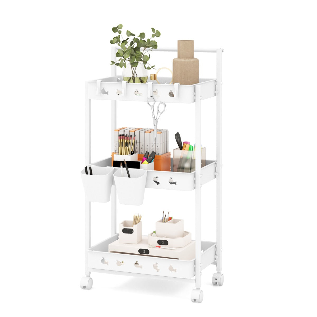 LIVSK Opbergtrolley met Duwbeugel - 3 Niveaus - 2 Ophangbekers - 4 Afneembare Haken - 360° Wielen - Wit