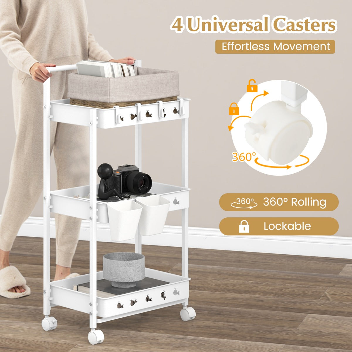 LIVSK Opbergtrolley met Duwbeugel - 3 Niveaus - 2 Ophangbekers - 4 Afneembare Haken - 360° Wielen - Wit