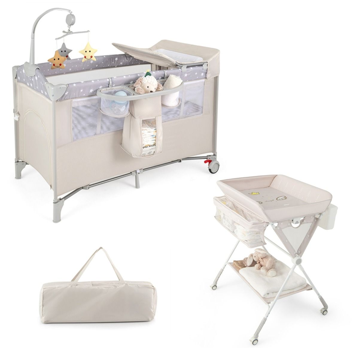 Livsk costway mobiele opvouwbare verschoontafel en 5 in 1 babybed met matras luierverschoontafel en babybedje