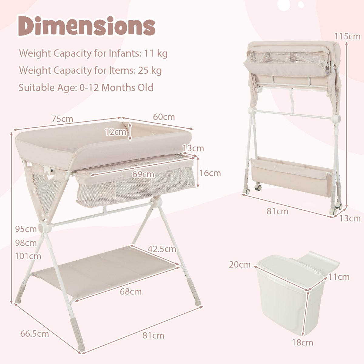 Livsk costway mobiele opvouwbare verschoontafel en 5 in 1 babybed met matras luierverschoontafel en babybedje 3