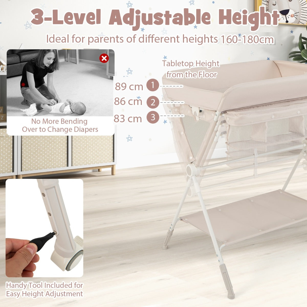 Livsk costway mobiele opvouwbare verschoontafel en 5 in 1 babybed met matras luierverschoontafel en babybedje 4