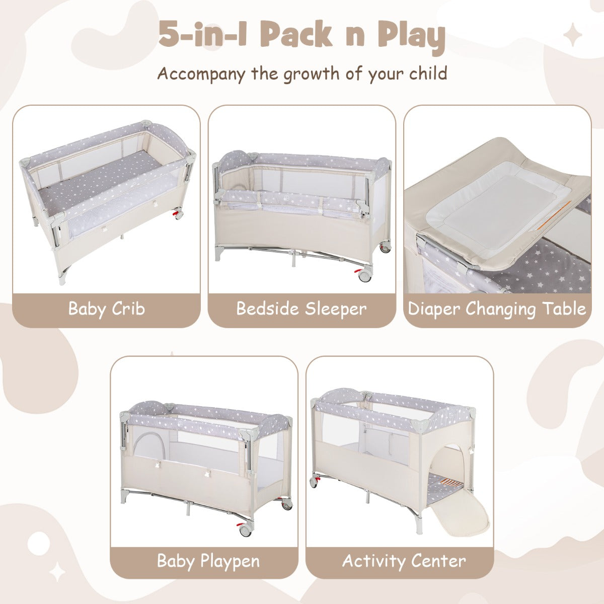 Livsk costway mobiele opvouwbare verschoontafel en 5 in 1 babybed met matras luierverschoontafel en babybedje 6