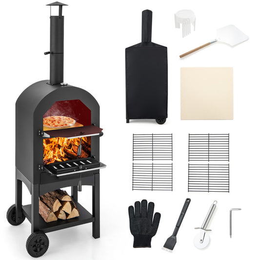 LIVSK Buitenpizzaoven met Thermometer - Groot Kookoppervlak - Inclusief Pizzasteen en Accessoires - 64 x 46 x 162 cm - Zwart
