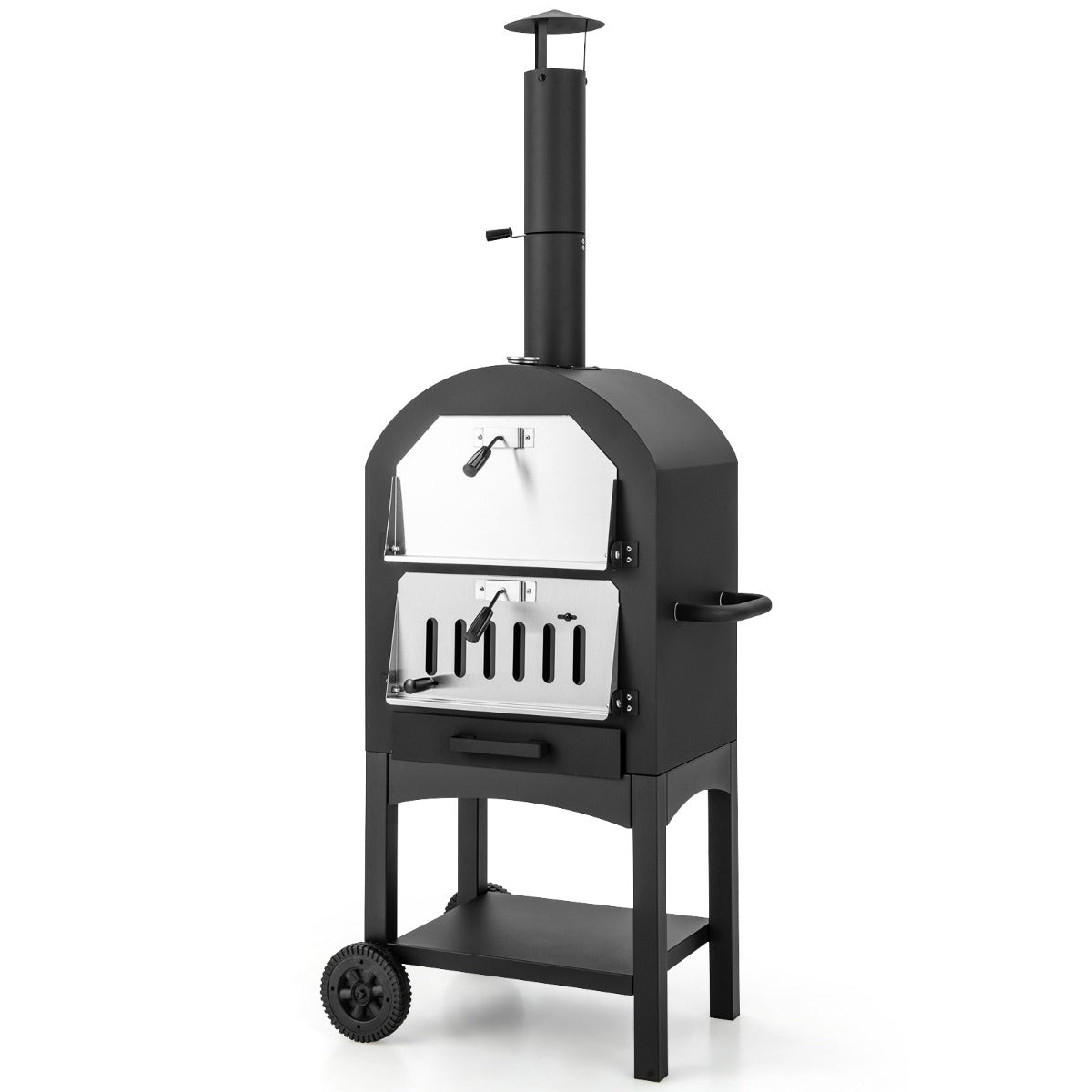 LIVSK Buitenpizzaoven met Thermometer - Groot Kookoppervlak - Inclusief Pizzasteen en Accessoires - 64 x 46 x 162 cm - Zwart