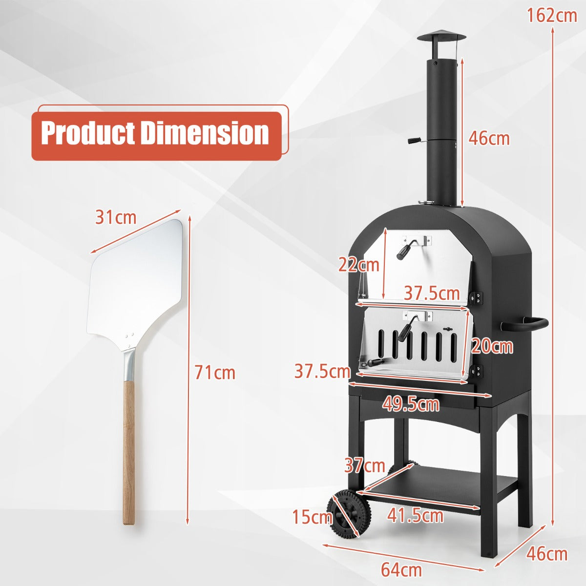 LIVSK Buitenpizzaoven met Thermometer - Groot Kookoppervlak - Inclusief Pizzasteen en Accessoires - 64 x 46 x 162 cm - Zwart