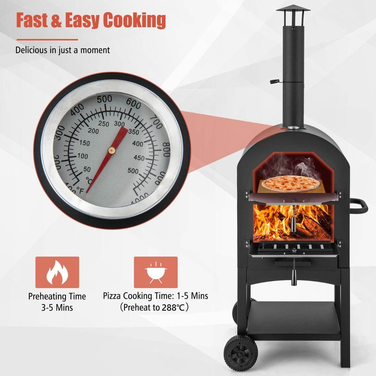 LIVSK Buitenpizzaoven met Thermometer - Groot Kookoppervlak - Inclusief Pizzasteen en Accessoires - 64 x 46 x 162 cm - Zwart