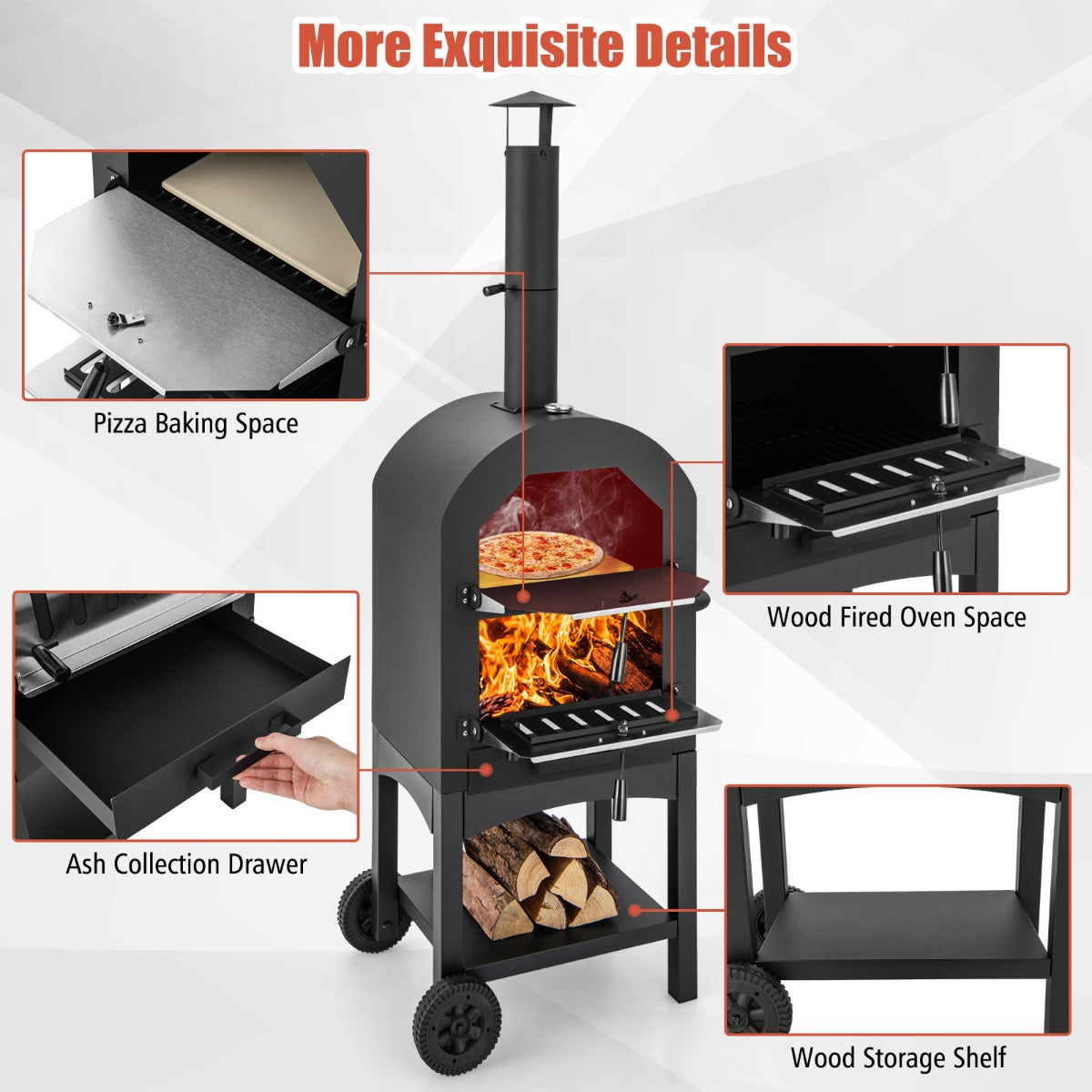 LIVSK Buitenpizzaoven met Thermometer - Groot Kookoppervlak - Inclusief Pizzasteen en Accessoires - 64 x 46 x 162 cm - Zwart