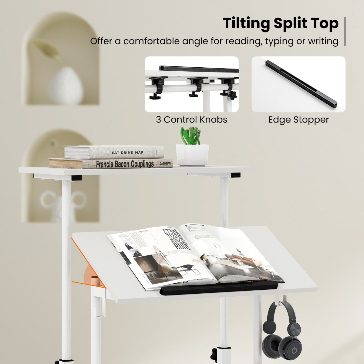 LIVSK Mobiele Sta-tafel - Verstelbare Hoogte en Kantelbaar Blad - Verrijdbaar met Vergrendelbare Wielen - Wit