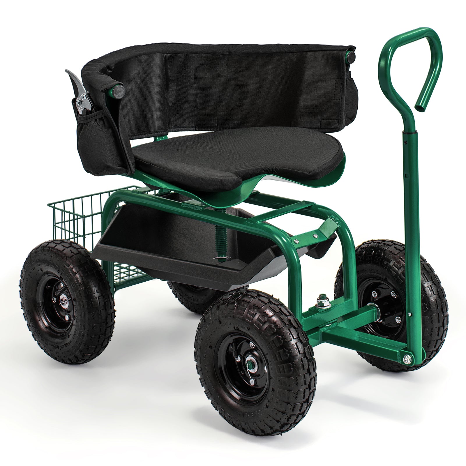 LIVSK Rollende Tuinkar met Zitplaats - Hoogteverstelbaar en Draaibaar - Opbergruimte - Voor Tuin en Garage - 90 x 61 x 60–69 cm -