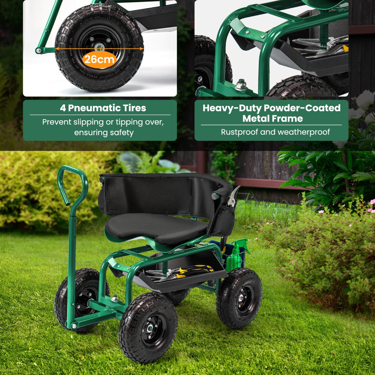 LIVSK Rollende Tuinkar met Zitplaats - Hoogteverstelbaar en Draaibaar - Opbergruimte - Voor Tuin en Garage - 90 x 61 x 60–69 cm -